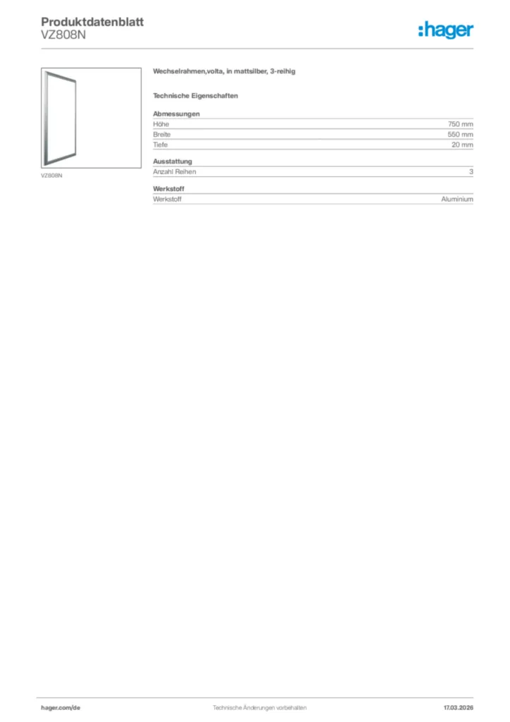 Bild Hager Produktdatenblatt VZ808N | Hager Deutschland