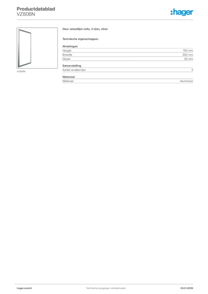 Afbeelding Hager Productdatablad VZ808N | Hager Nederland