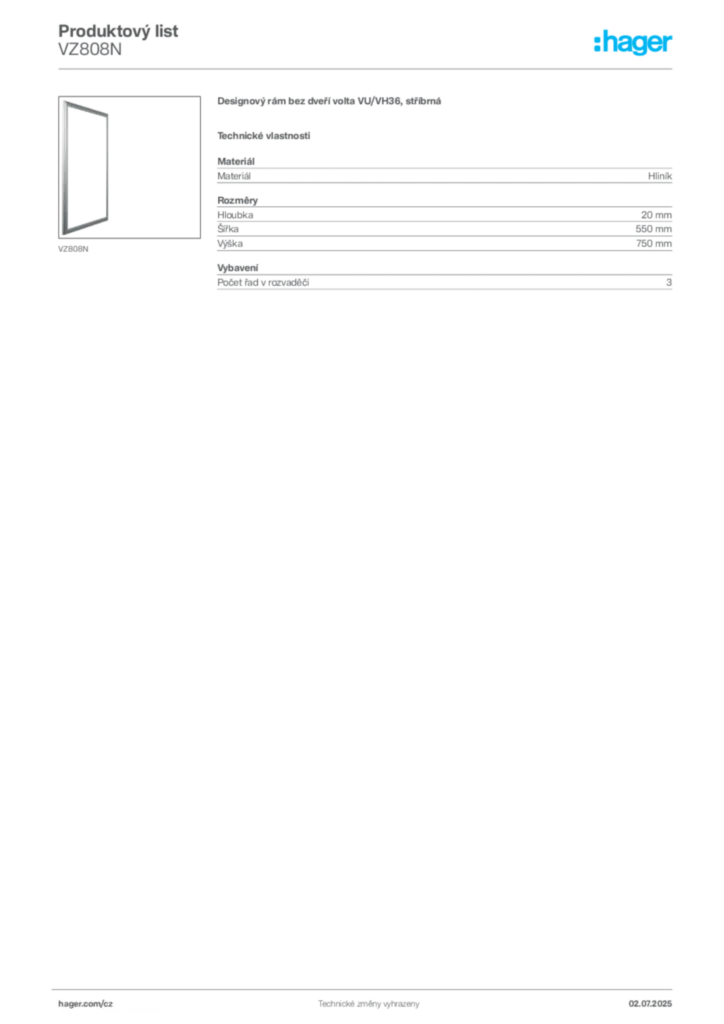 Obrázek Hager Produktový list VZ808N | Hager