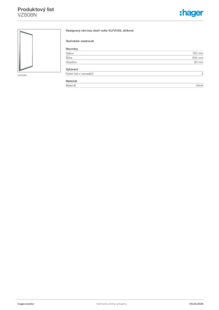 Obrázek Hager Product data sheet VZ808N | Hager