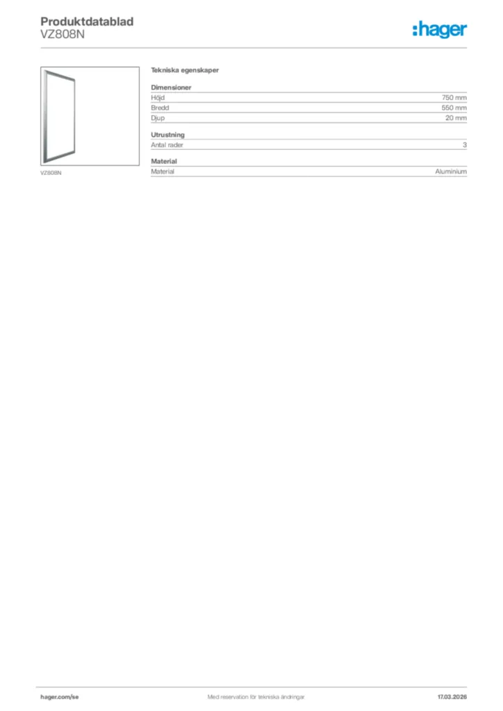 Bild Hager Produktdatablad VZ808N | Hager Sverige