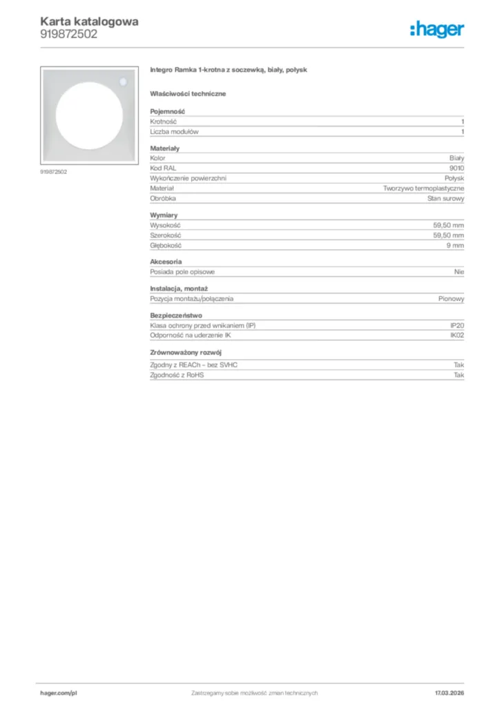 Zdjęcie Hager Karta katalogowa 919872502 | Hager Polska