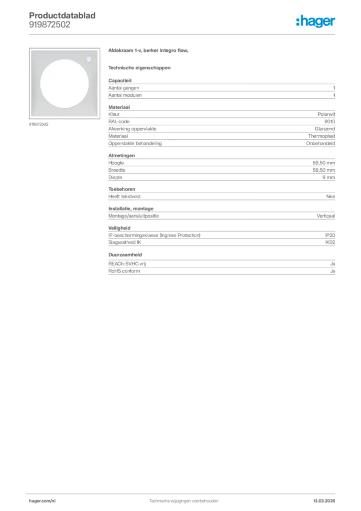 Afbeelding Hager Productdatablad 919872502 | Hager Nederland