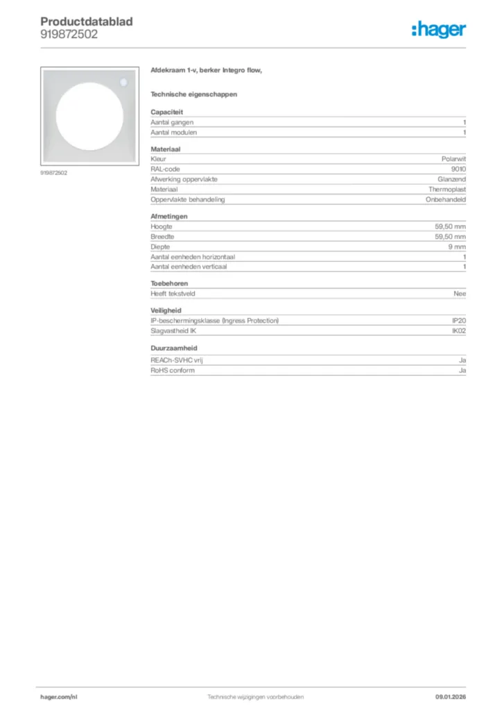 Afbeelding Hager Productdatablad 919872502 | Hager Nederland