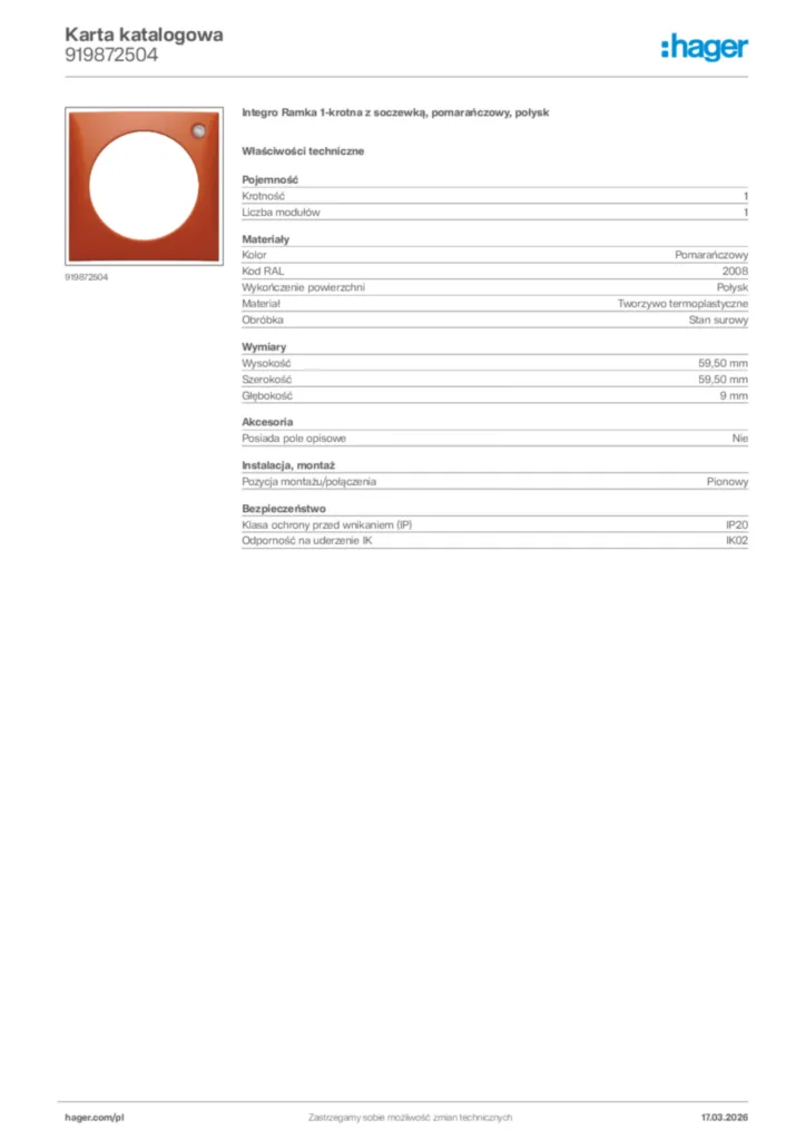 Zdjęcie Hager Karta katalogowa 919872504 | Hager Polska
