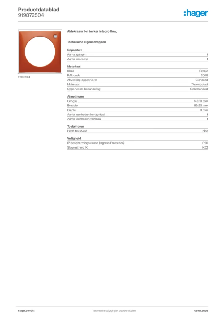 Afbeelding Hager Productdatablad 919872504 | Hager Nederland