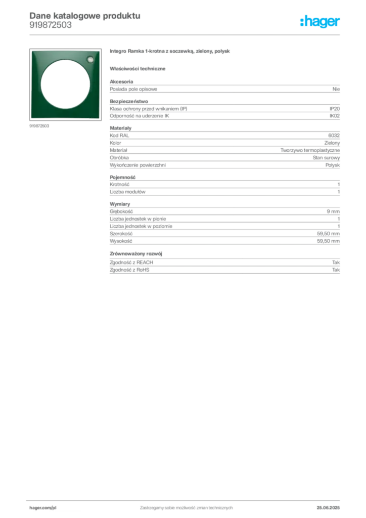 Zdjęcie Hager Karta katalogowa 919872503 | Hager Polska