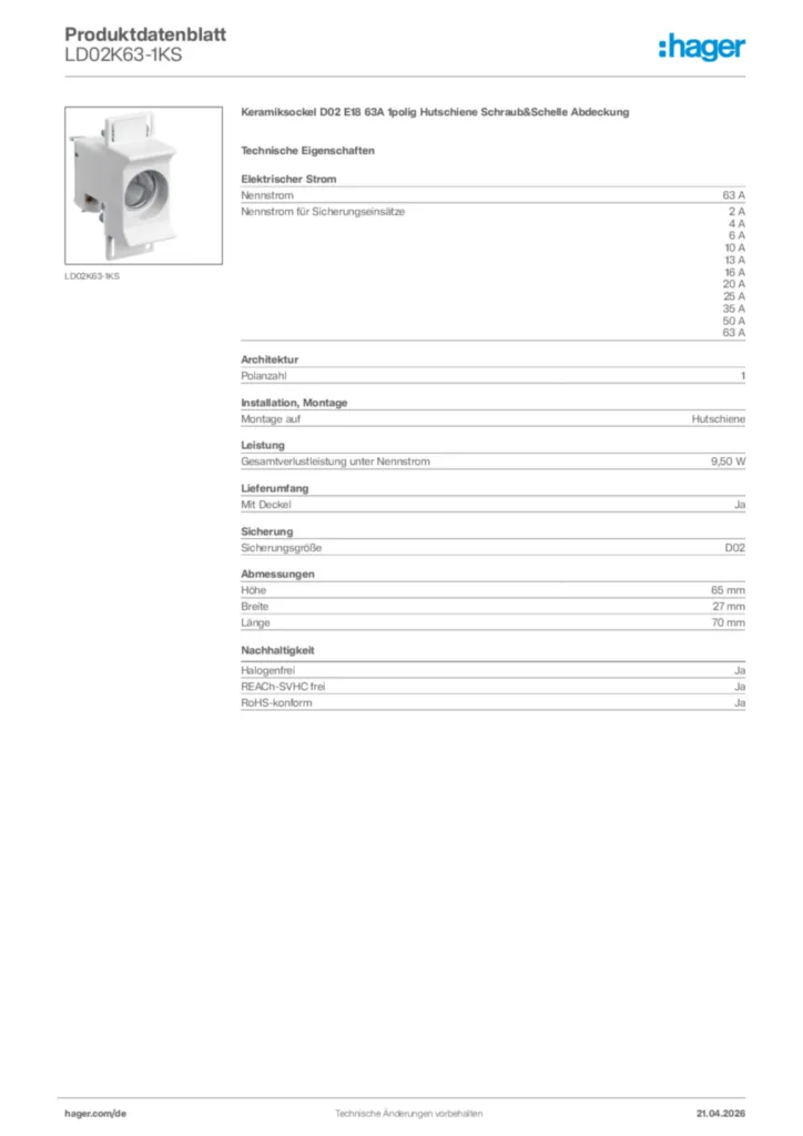 Bild Hager Produktdatenblatt LD02K63-1KS | Hager Deutschland