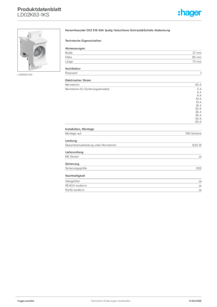 Bild Hager Produktdatenblatt LD02K63-1KS | Hager Deutschland
