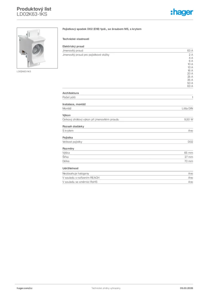 Obrázek Hager Product data sheet LD02K63-1KS | Hager