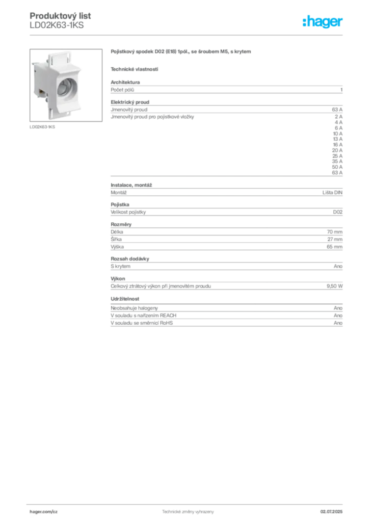 Obrázek Hager Produktový list LD02K63-1KS | Hager