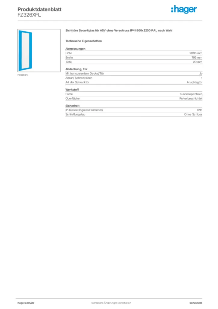 Bild Hager Produktdatenblatt FZ326XFL | Hager Deutschland