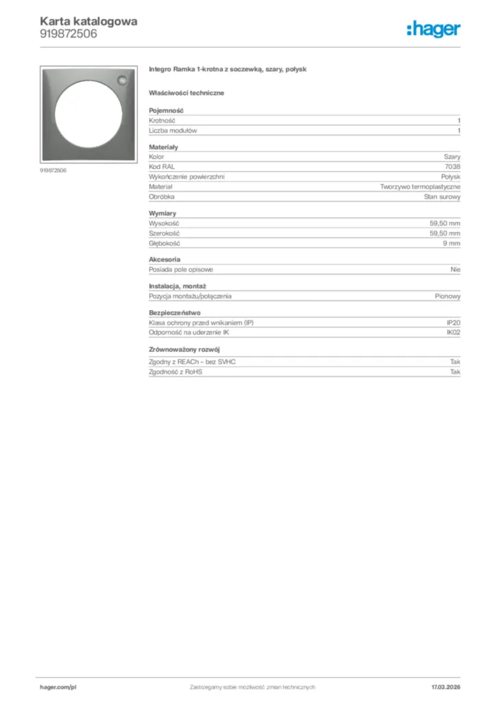 Zdjęcie Hager Karta katalogowa 919872506 | Hager Polska