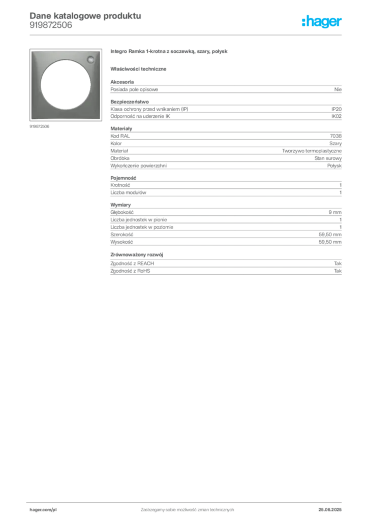 Zdjęcie Hager Karta katalogowa 919872506 | Hager Polska
