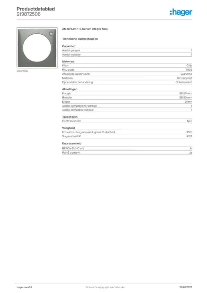 Afbeelding Hager Productdatablad 919872506 | Hager Nederland
