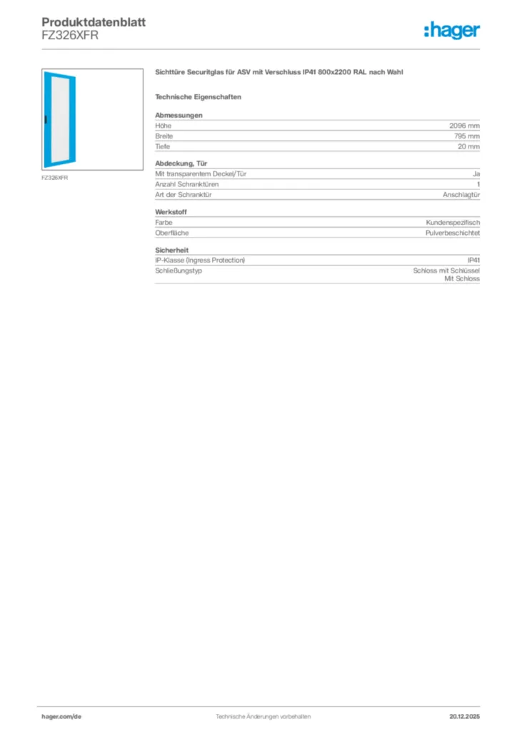 Bild Hager Produktdatenblatt FZ326XFR | Hager Deutschland