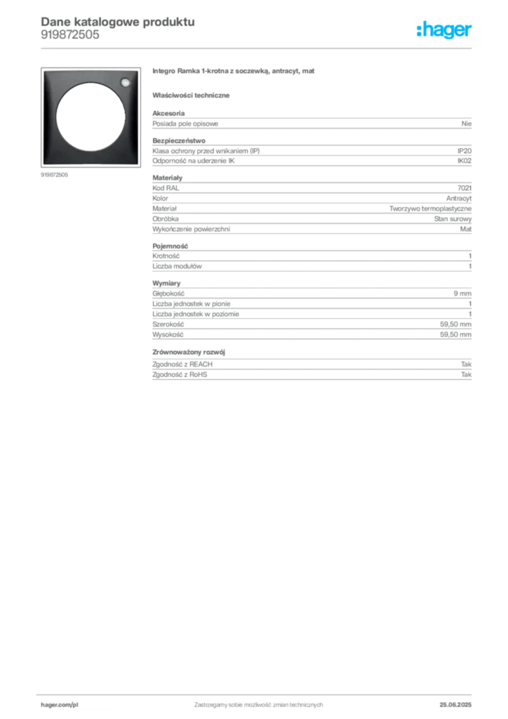 Zdjęcie Hager Karta katalogowa 919872505 | Hager Polska