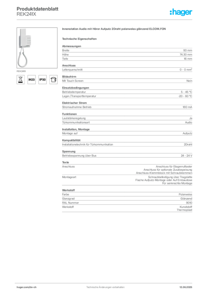 Bild Hager Produktdatenblatt REK241X | Hager Schweiz