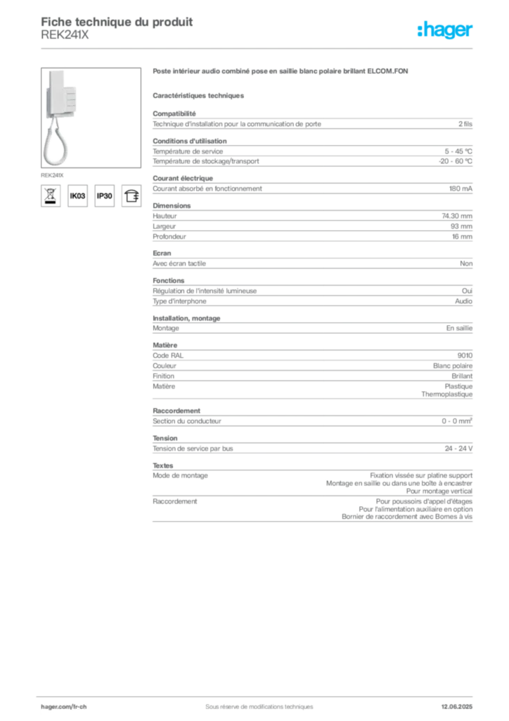 Image Hager Fiche technique du produit REK241X | Hager Suisse