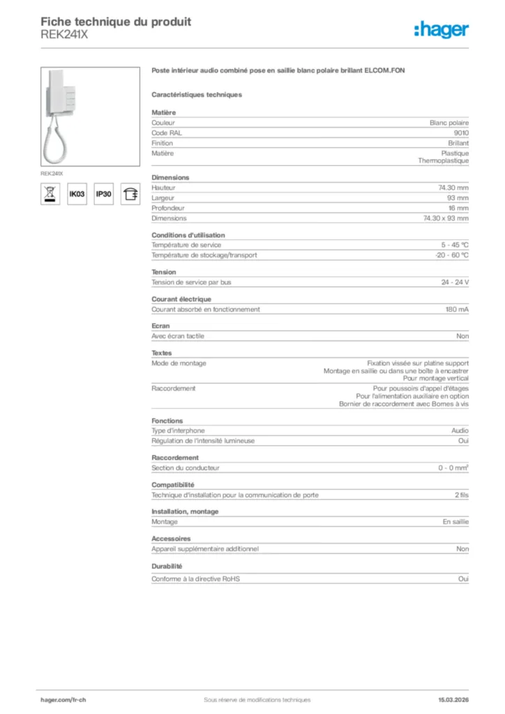 Image Hager Fiche technique du produit REK241X | Hager Suisse