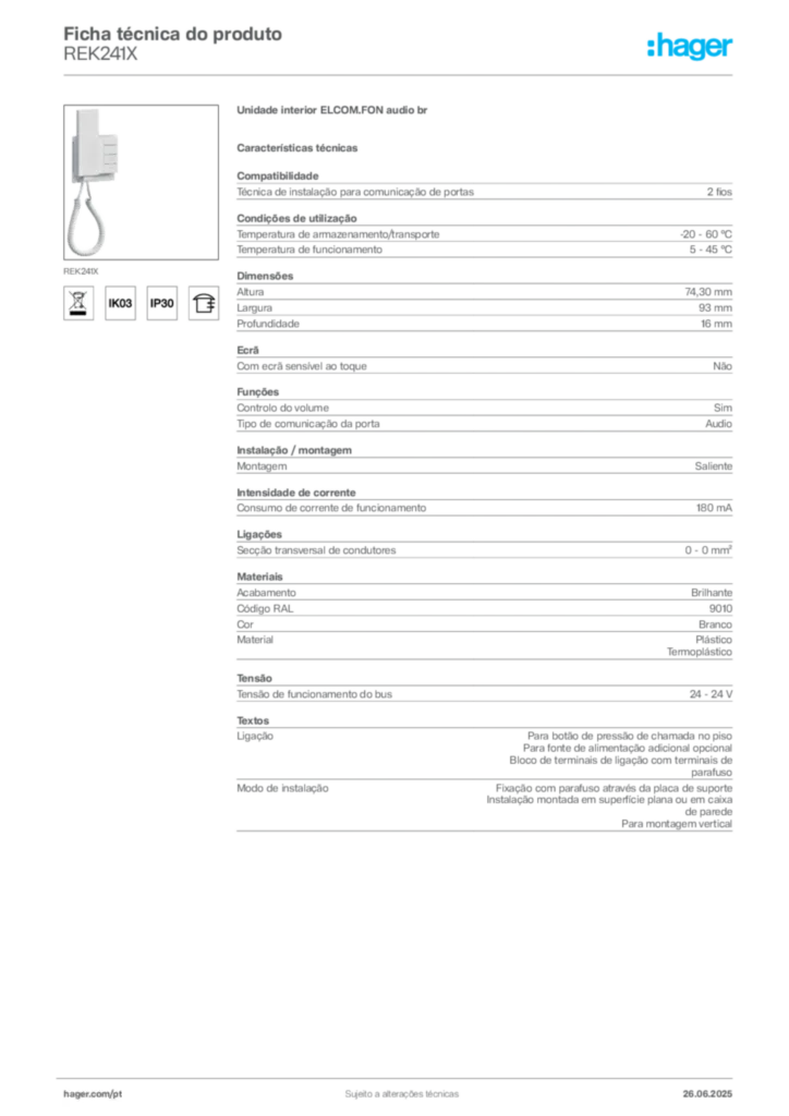 Imagem Hager Ficha técnica do produto REK241X | Hager Portugal