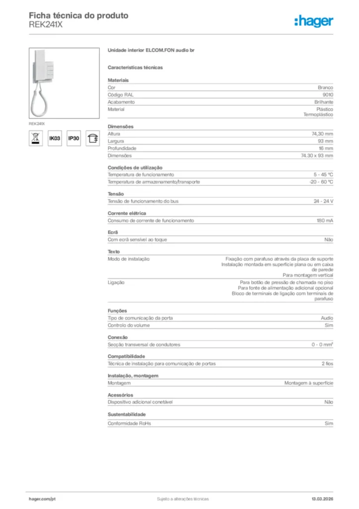 Imagem Hager Ficha técnica do produto REK241X | Hager Portugal