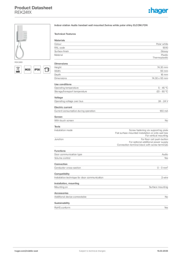 Image Hager Product data sheet REK241X  | Hager