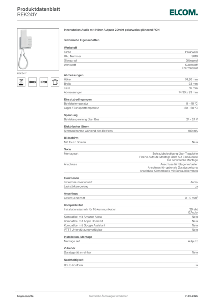 Bild Elcom Produktdatenblatt REK241Y | Hager Deutschland