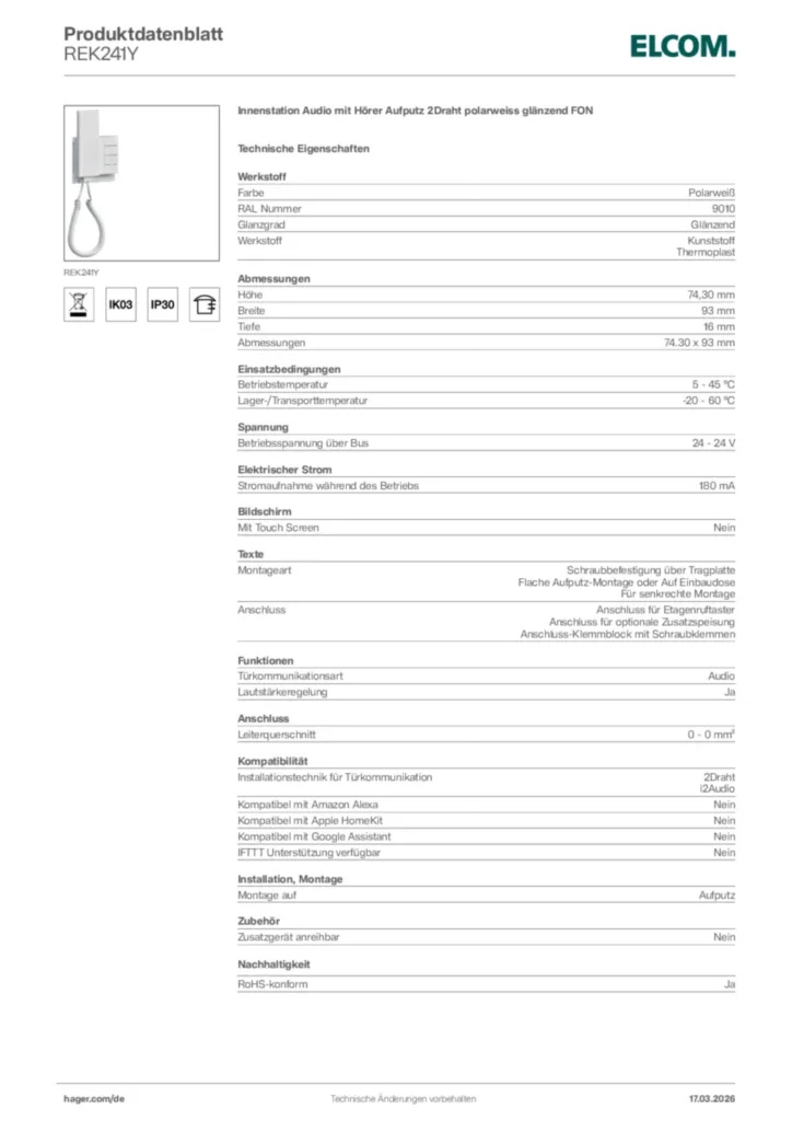 Bild Elcom Produktdatenblatt REK241Y | Hager Deutschland