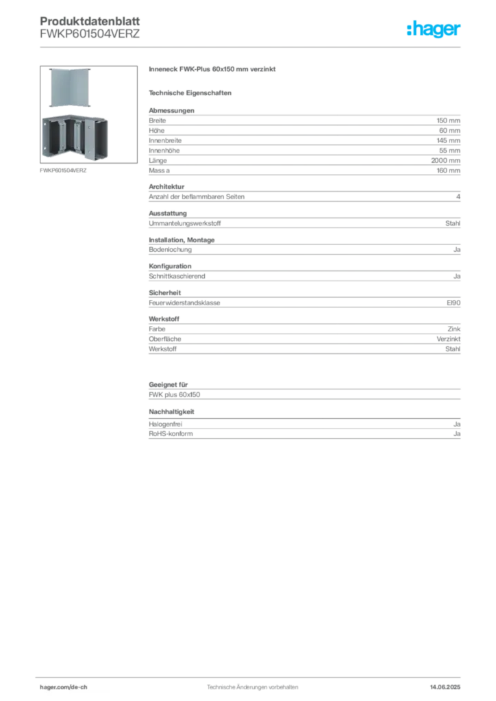 Bild Hager Produktdatenblatt FWKP601504VERZ | Hager Schweiz