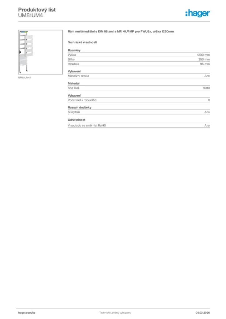 Obrázek Hager Product data sheet UM81UM4 | Hager