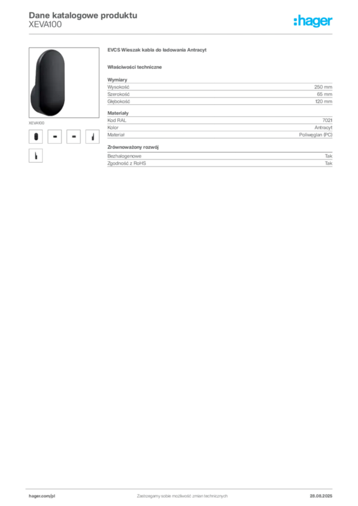 Zdjęcie Hager Karta katalogowa XEVA100 | Hager Polska