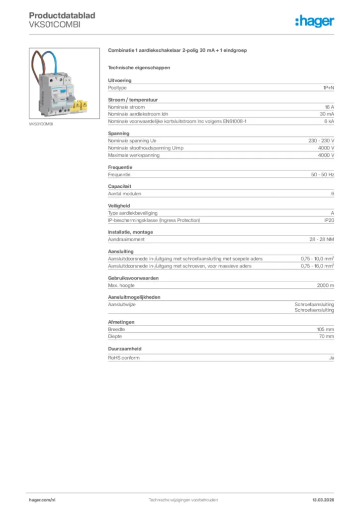 Afbeelding Hager Productdatablad VKS01COMBI | Hager Nederland