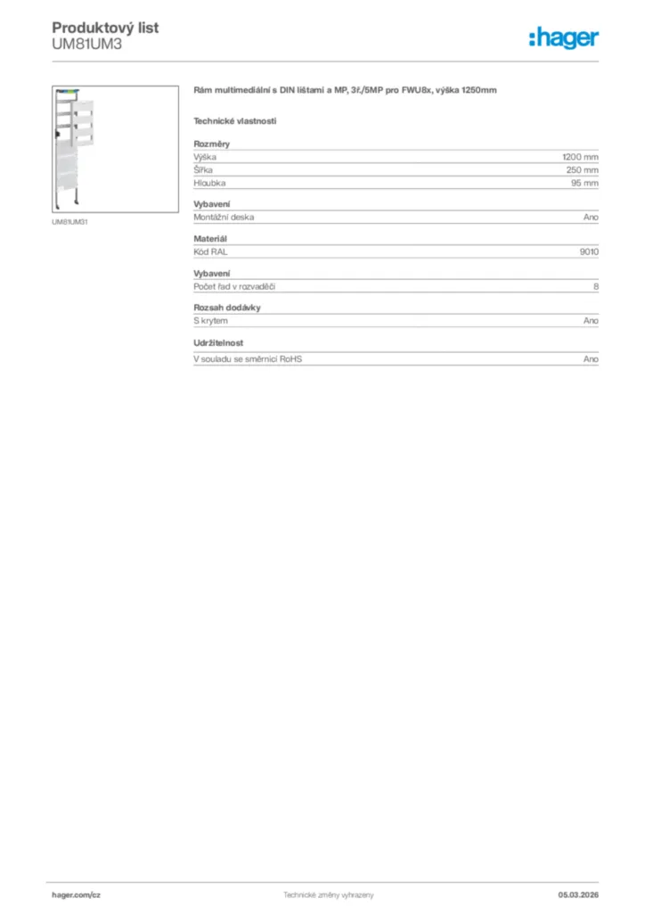 Obrázek Hager Product data sheet UM81UM3 | Hager