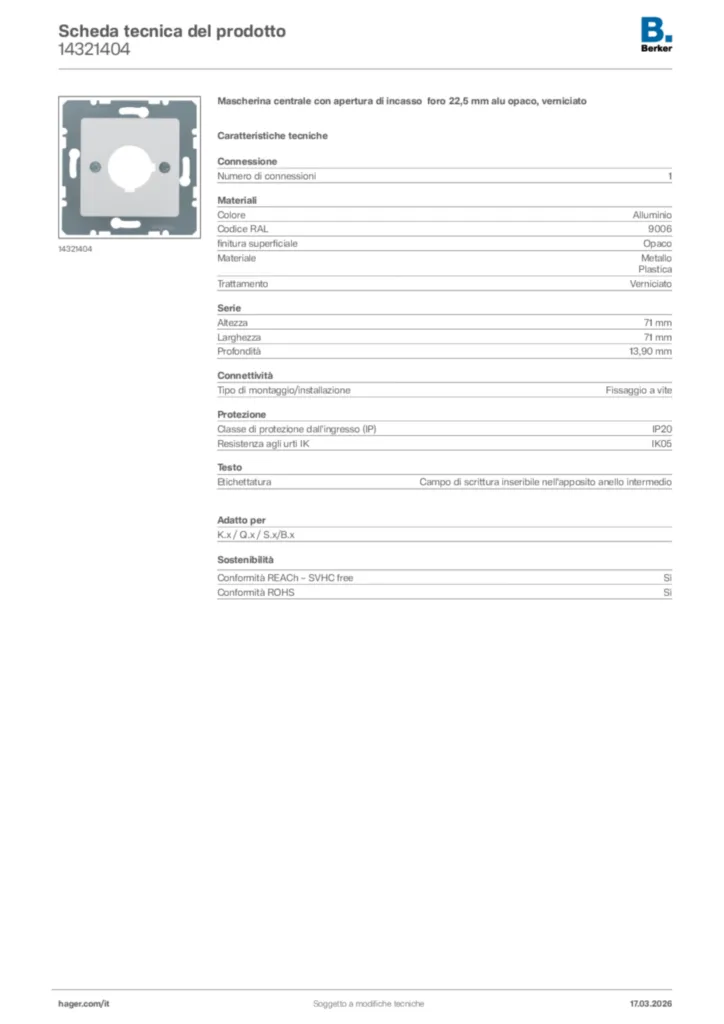 Immagine Berker Scheda tecnica del prodotto 14321404 | Hager Italia