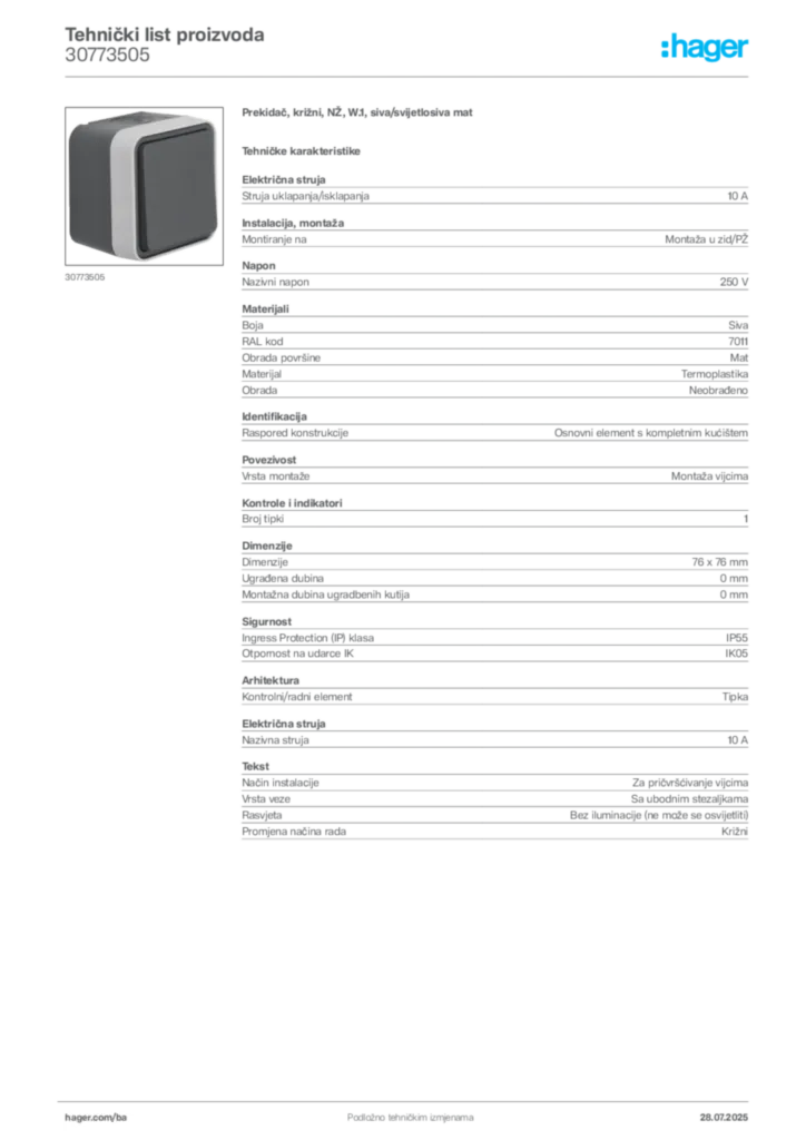 Slika Hager Product data sheet 30773505  | Hager