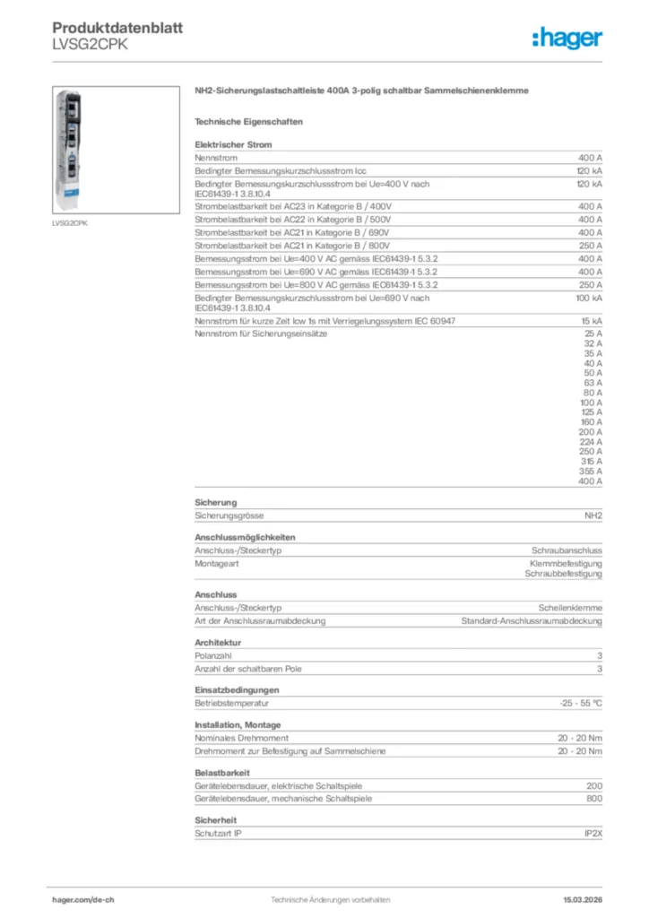 Bild Hager Produktdatenblatt LVSG2CPK | Hager Schweiz
