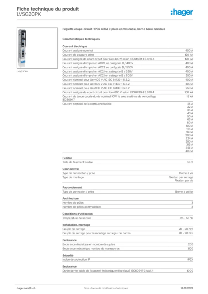 Image Hager Fiche technique du produit LVSG2CPK | Hager Suisse