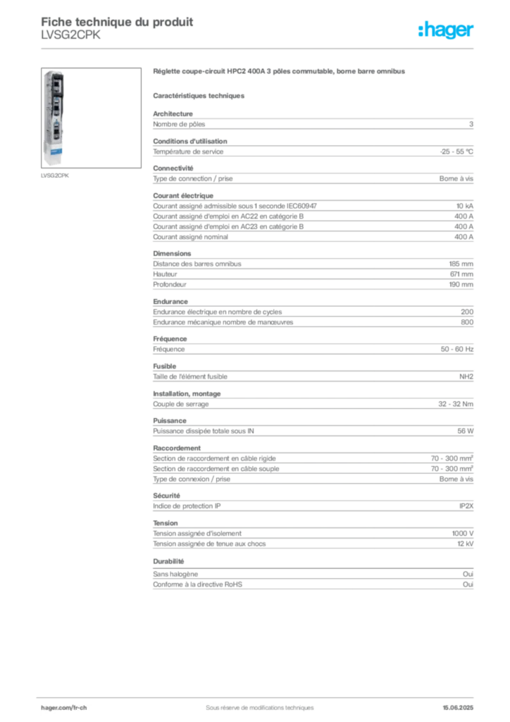 Image Hager Fiche technique du produit LVSG2CPK | Hager Suisse