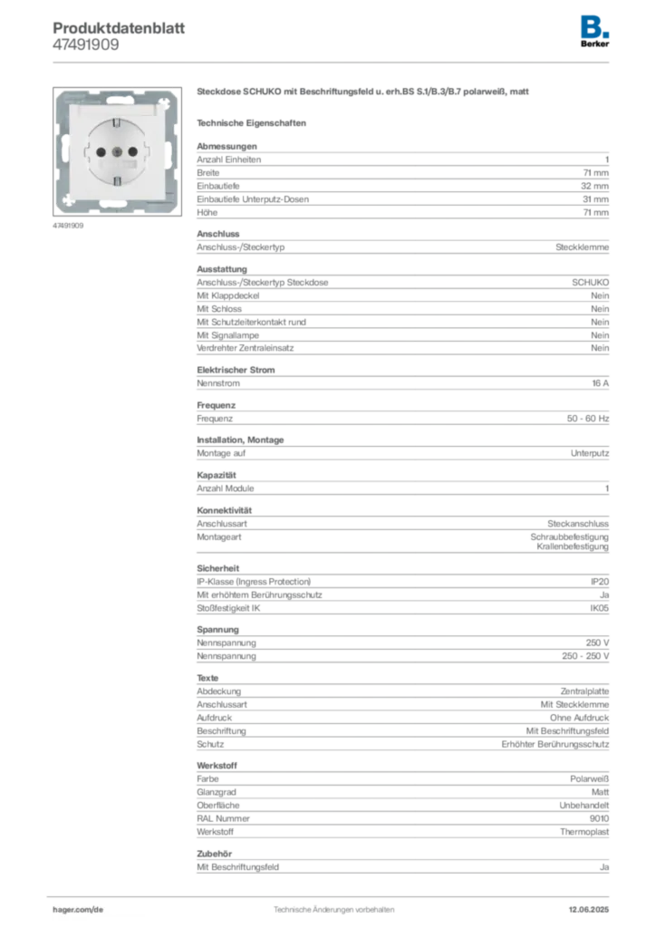 Bild Berker Produktdatenblatt 47491909 | Hager Deutschland