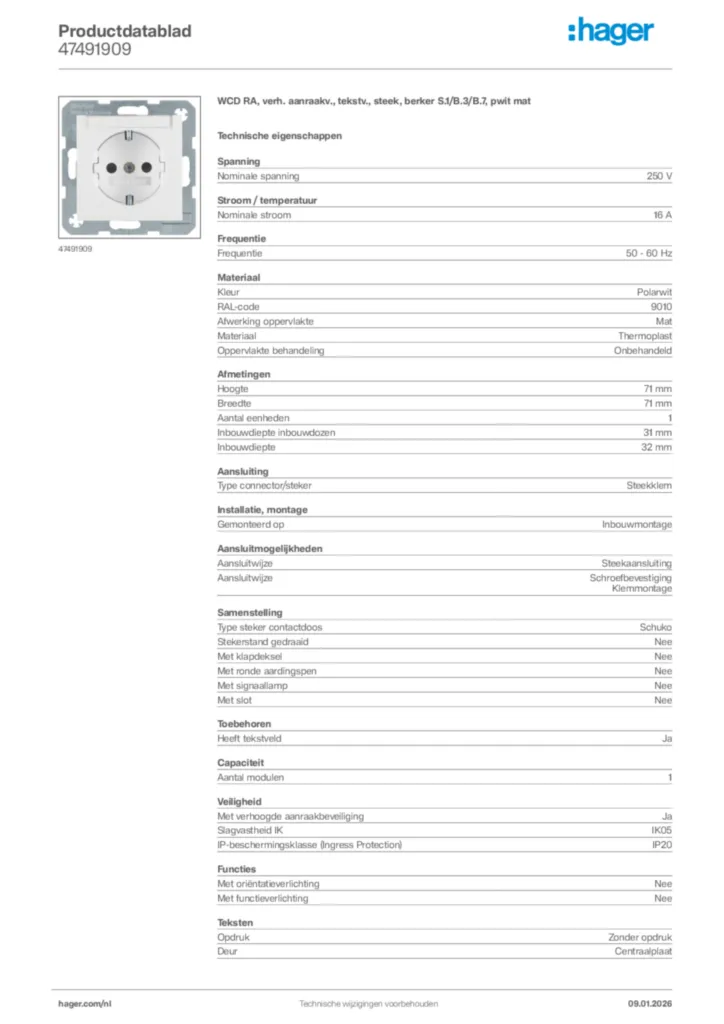 Afbeelding Hager Productdatablad 47491909 | Hager Nederland