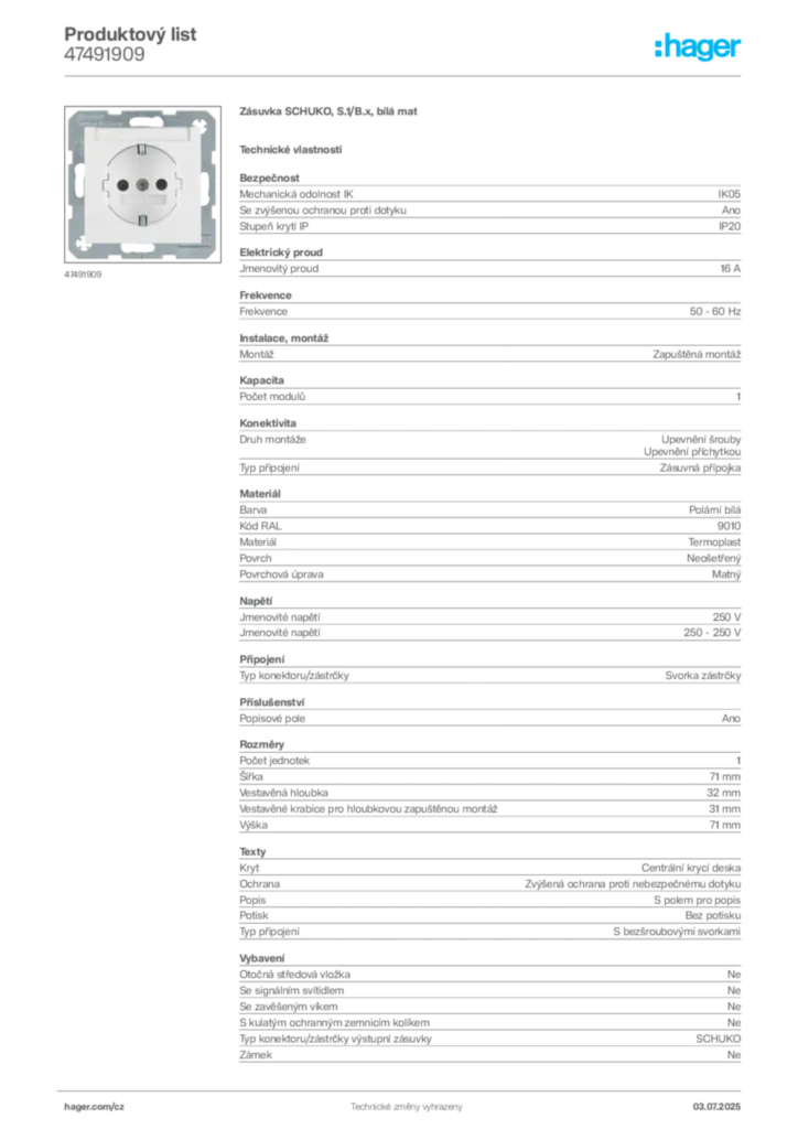 Obrázek Hager Produktový list 47491909 | Hager