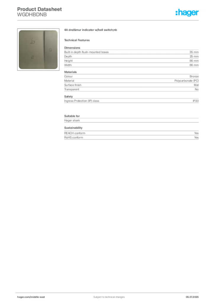 Image Hager Product data sheet WGDHBDNB  | Hager