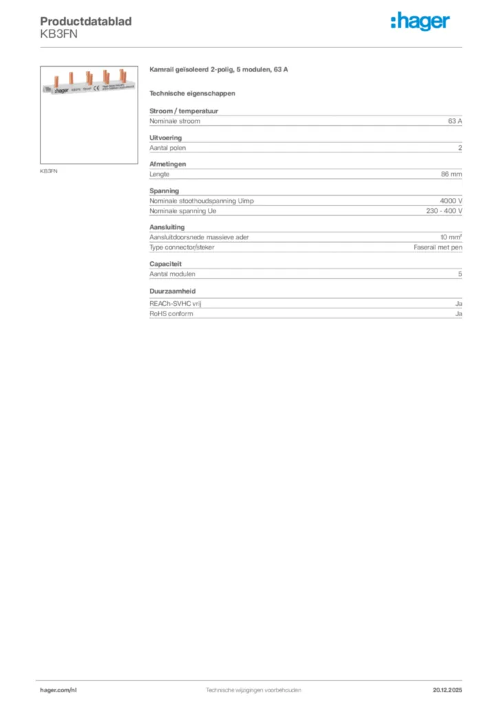 Afbeelding Hager Productdatablad KB3FN | Hager Nederland