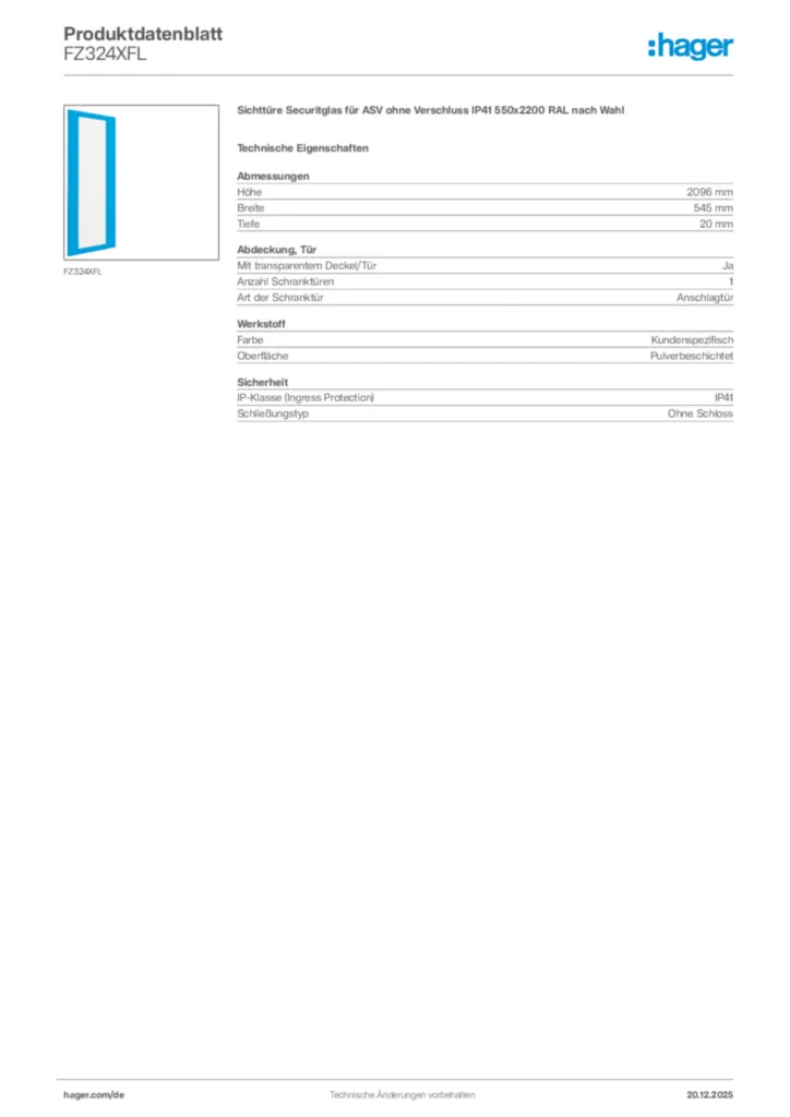 Bild Hager Produktdatenblatt FZ324XFL | Hager Deutschland