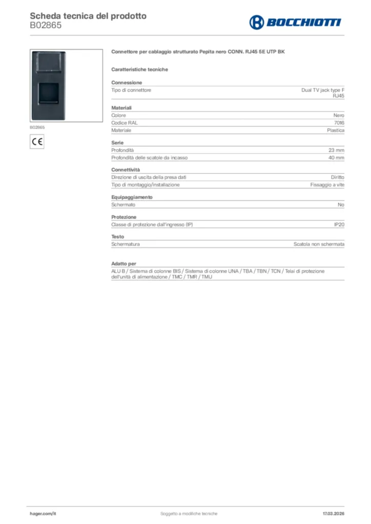 Immagine Bocchiotti Scheda tecnica del prodotto B02865 | Hager Italia