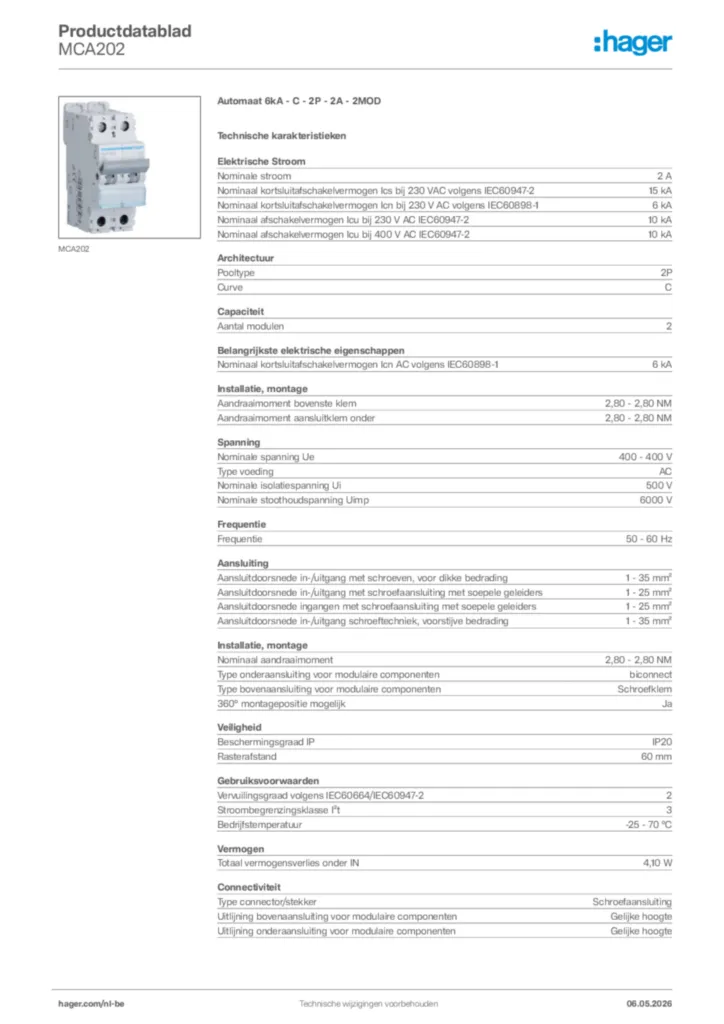 Afbeelding Hager Productdatablad MCA202 | Hager Belgium