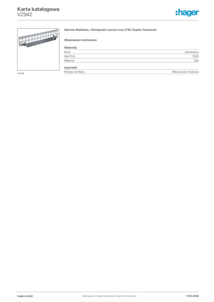 Zdjęcie Hager Karta katalogowa VZ942 | Hager Polska