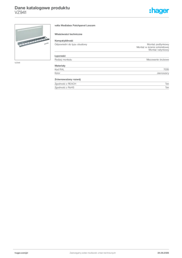 Zdjęcie Hager Karta katalogowa VZ941 | Hager Polska
