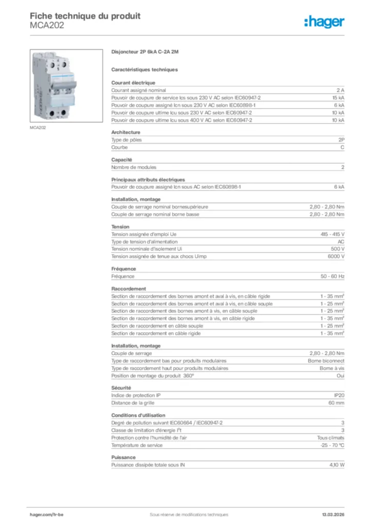 Image Hager Fiche technique du produit MCA202 | Hager Belgique